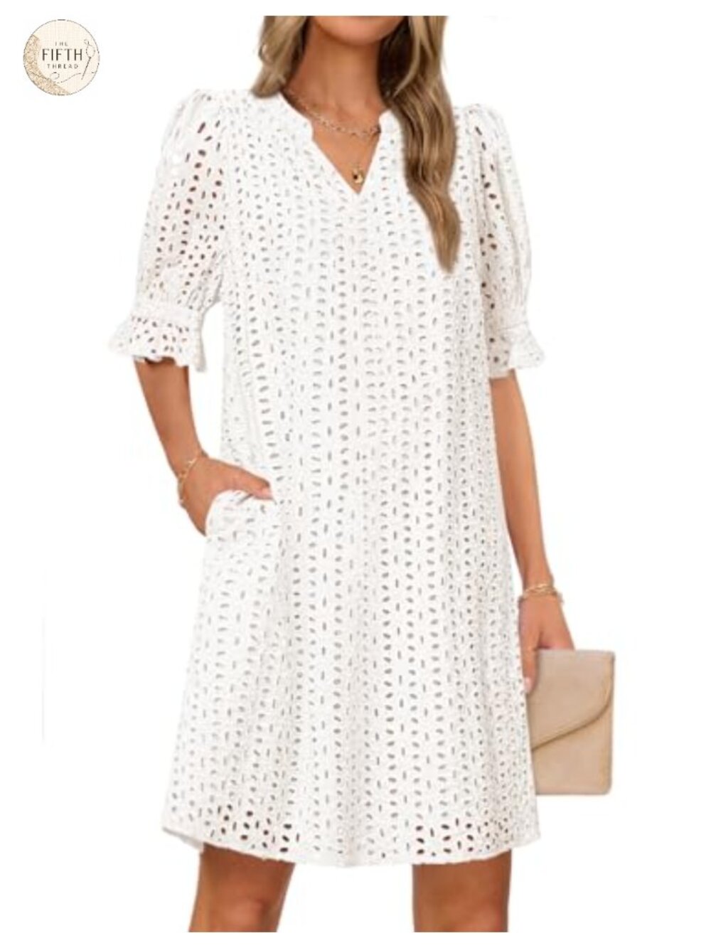 Women's Eyelet Mini Dress V-Neck Ruffle Short Sleeve Shift Dress